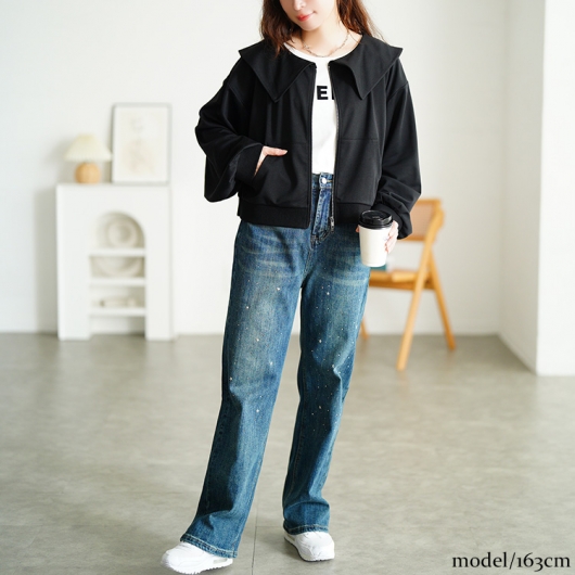 大きいサイズ レディース セーラーカラーZIPブルゾン＆異素材