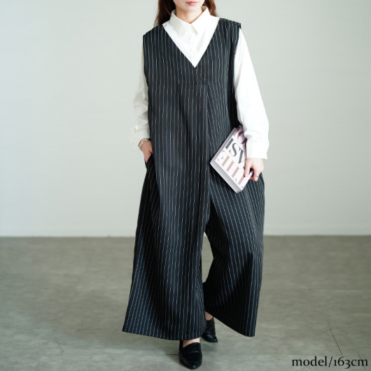大きいサイズ レディース ストライプワイドサロペットパンツ sw