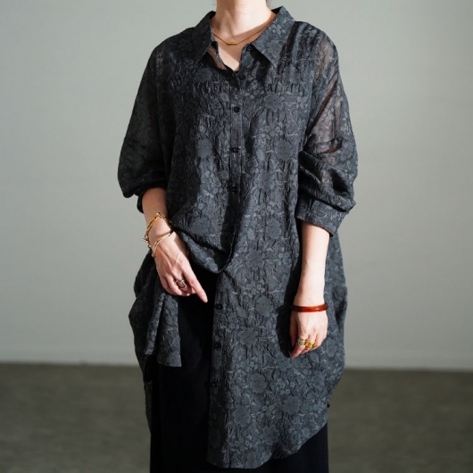 大きいサイズ レディース シアー花柄バックリボンロングシャツ sw-0781