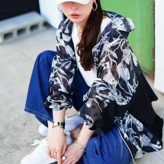 大きいサイズ レディース シアー花柄配色ティアード切り替えパーカー