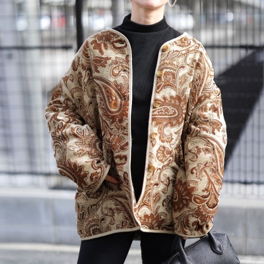 大きいサイズ レディース 配色パイピングペイズリー柄ジャケット sw