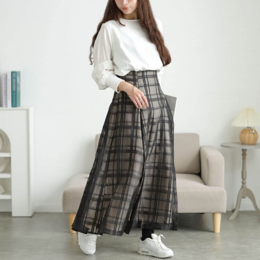 大きいサイズ レディース シアーチェックレイヤードフレアスカート