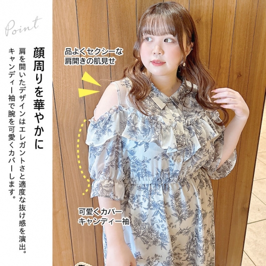 大きいサイズ レディース 花柄フリルオープンショルダー