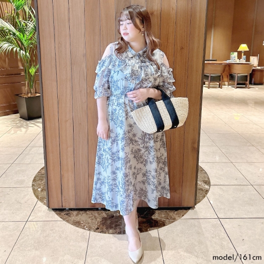 大きいサイズ レディース 花柄フリルオープンショルダー