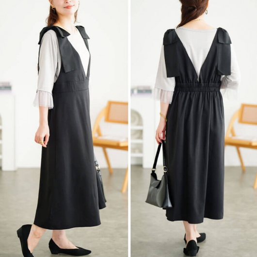 大きいサイズ レディース リボンショルダージャンパースカート