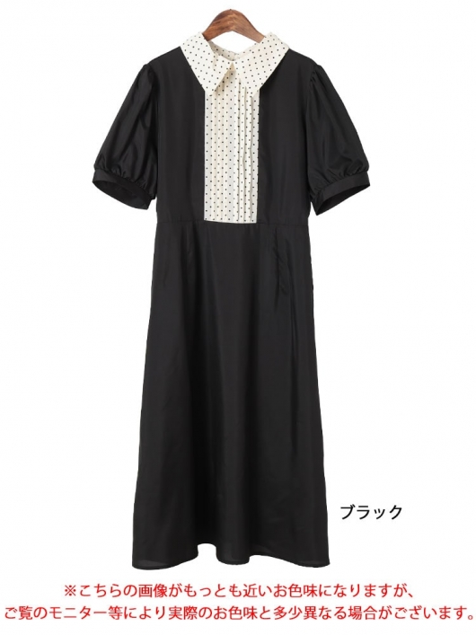 大きいサイズ レディース ドットピンタック切り替えリボンワンピース
