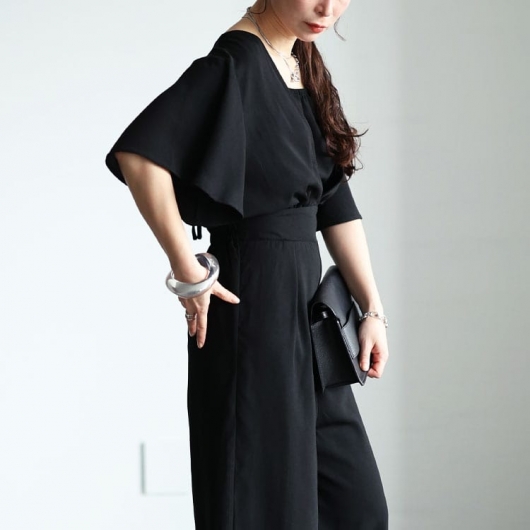 大きいサイズ レディース 深Vネックバックリボンオールインワン