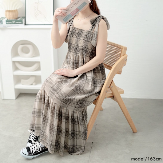 大きいサイズ レディース チェック柄肩リボンワンピース tani-36818ll