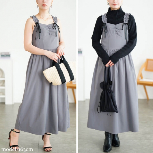 【お値下げ！】インゲボルグ　リボン付き大人可愛❤ジャンパースカート お揃い】リボン風襟付き肩あきチェックタック入りジャンパー