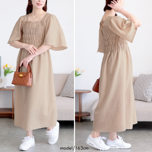 正規品♡スフレ♡BEARワンピース♡ベージュ セール】バックサテンジョーゼット ワンピース ベージュ