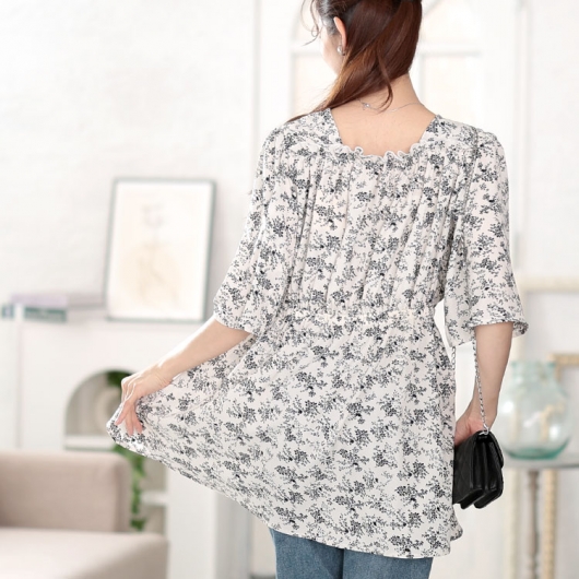 大きいサイズ レディース 花柄スクエアネックフレアスリーブチュニック