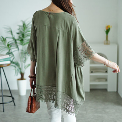 大きいサイズ レディース アシンメトリーレース使い麻混プル