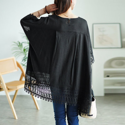 大きいサイズ レディース アシンメトリーレース使い麻混プルオーバー