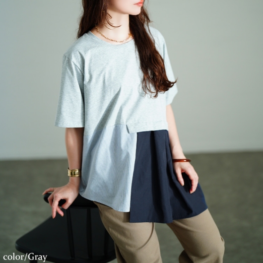 ヨーコチャン ストレッチ チュニック Tシャツ 半袖　異素材切り替え ヨーコチャン ストレッチ チュニック Tシャツ 半袖 異素材切り替え