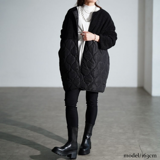 大きいサイズ レディース ボア切り替えキルティングノーカラーコート
