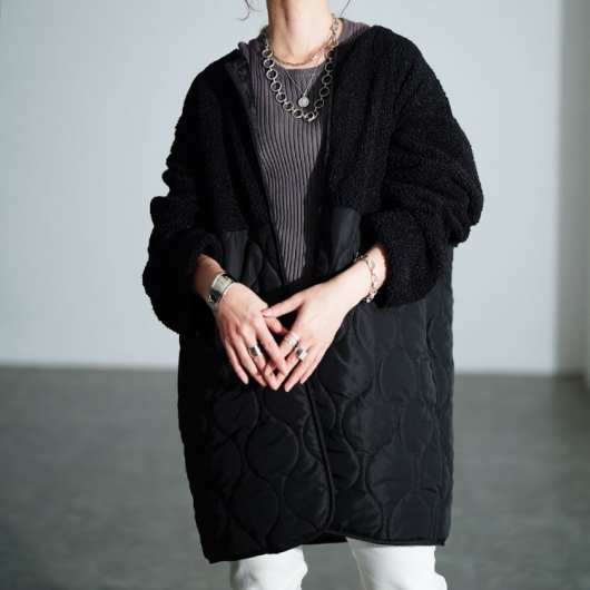 大きいサイズ レディース ボア切り替えキルティングノーカラーコート