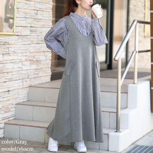 大きいサイズ レディース 深VネックAラインジャンパースカート tog