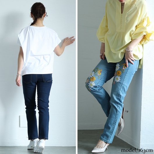 大きいサイズ レディース 花刺繍ストレッチスキニーデニム wan