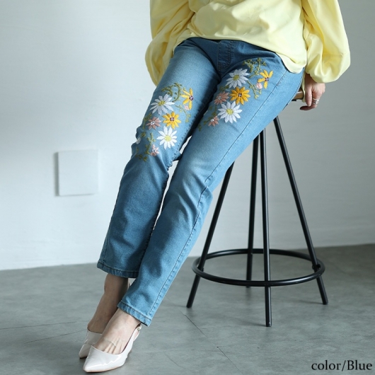 大きいサイズ レディース 花刺繍ストレッチスキニーデニム wan