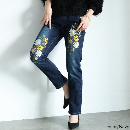 大きいサイズ レディース 花刺繍ストレッチスキニーデニム wan