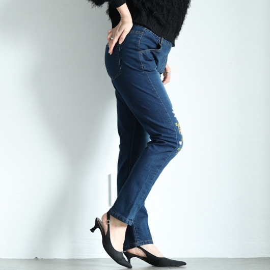 大きいサイズ レディース 花刺繍ストレッチスキニーデニム wan-wd