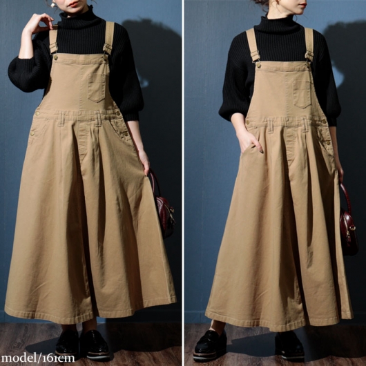 大きいサイズ レディース マキシ丈ツイルフレアサロペスカート