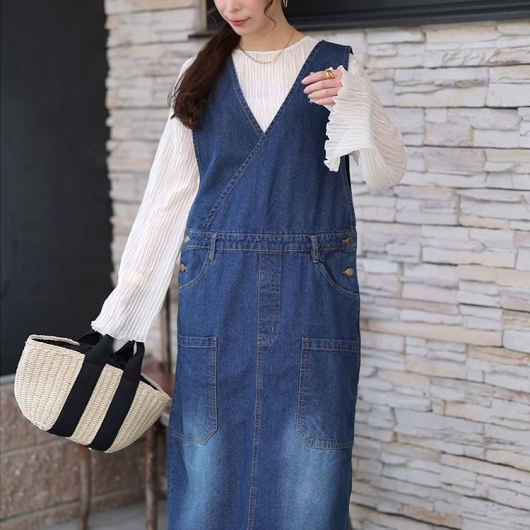 大きいサイズ レディース カシュクールデニムジャンパースカート wd