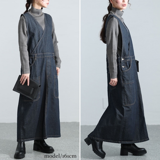 大きいサイズ レディース カシュクールデニムジャンパースカート wd