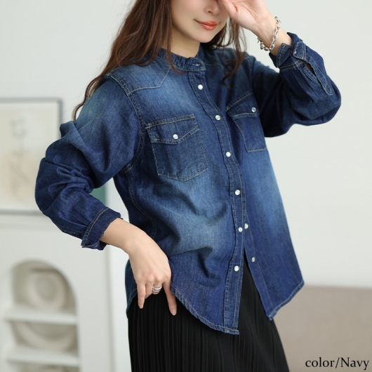 大きいサイズ レディース バンドカラーコットンデニムシャツ wd-0421