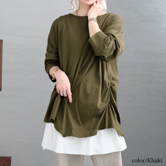 大きいサイズ レディース アシメトリー裾タックTシャツ wk-0166