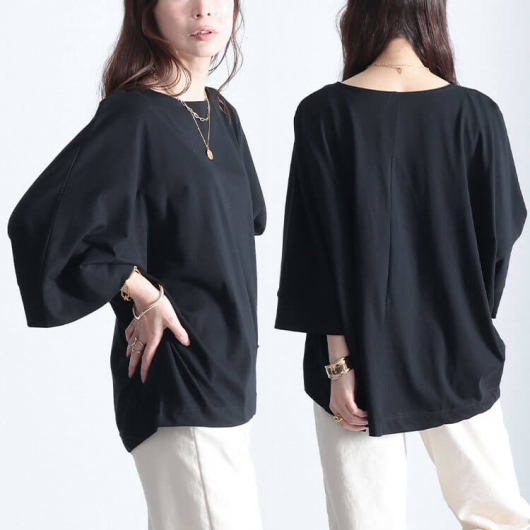 大きいサイズ レディース ボートネック7分袖ドルマンTシャツ wk-0470