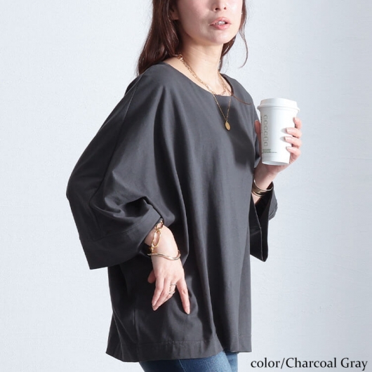 大きいサイズ レディース ボートネック7分袖ドルマンTシャツ wk-0470