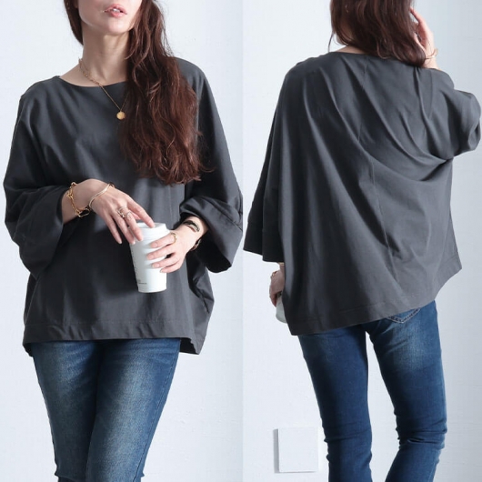 大きいサイズ レディース ボートネック7分袖ドルマンTシャツ wk-0470