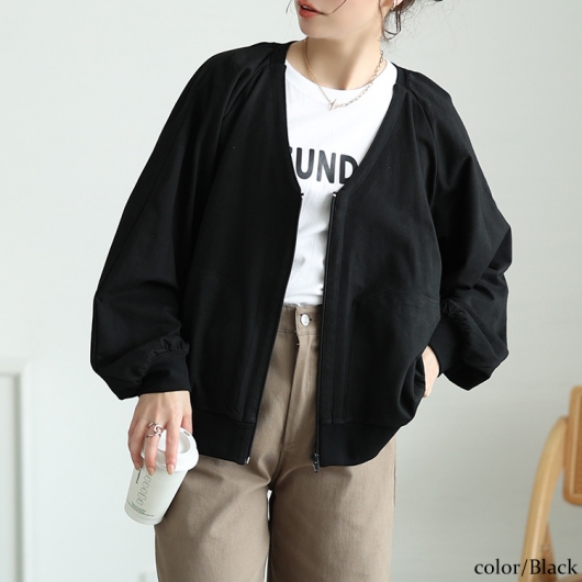 大きいサイズ レディース 深VネックコットンZIPブルゾン wk-0522