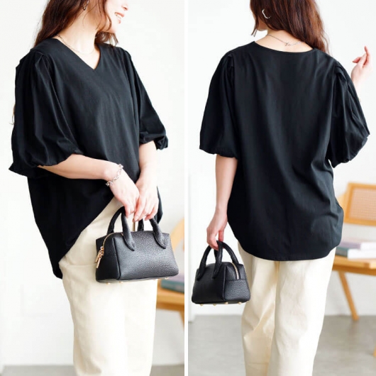 大きいサイズ レディース Vネックパフスリーブコットンカットソー wk