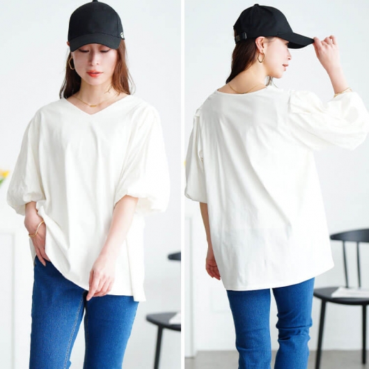 min·.④4L~5L *パフスリーブVネックカットソー 夏 大きいサイズ min