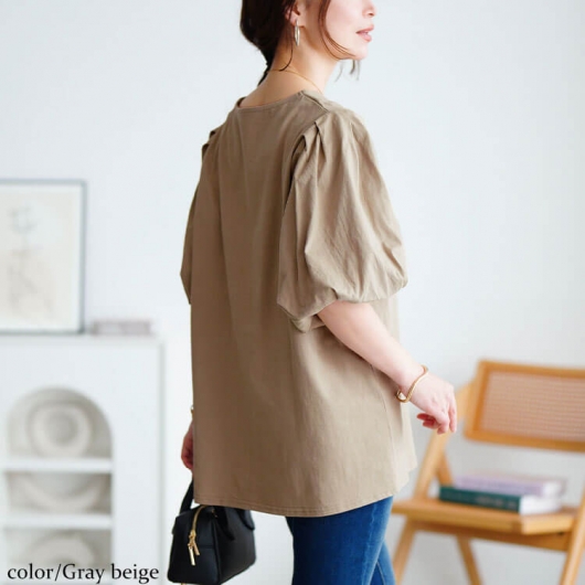 大きいサイズ レディース Vネックパフスリーブコットンカットソー wk