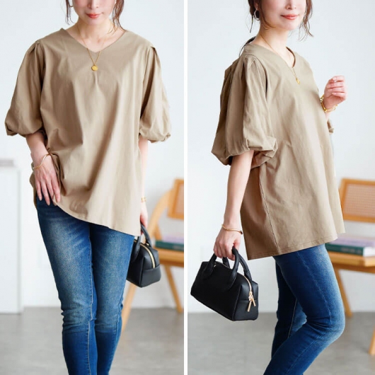 大きいサイズ レディース Vネックパフスリーブコットン