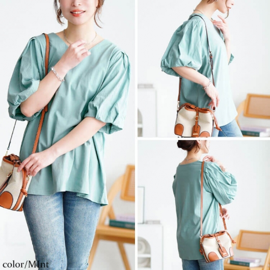 大きいサイズ レディース Vネックパフスリーブコットン