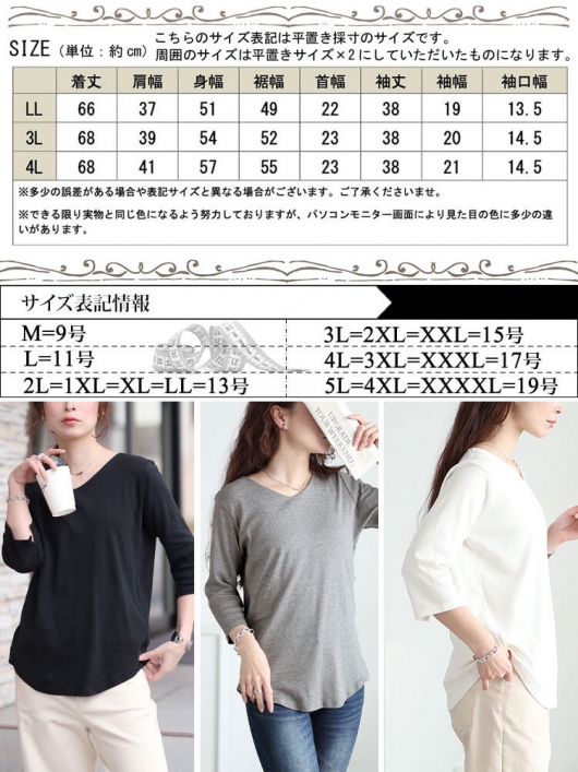 大きいサイズ レディース ラウンドヘムVネックコットン