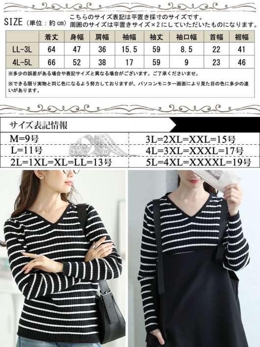 大きいサイズ レディース Vネックボーダーコットンリブニット wn