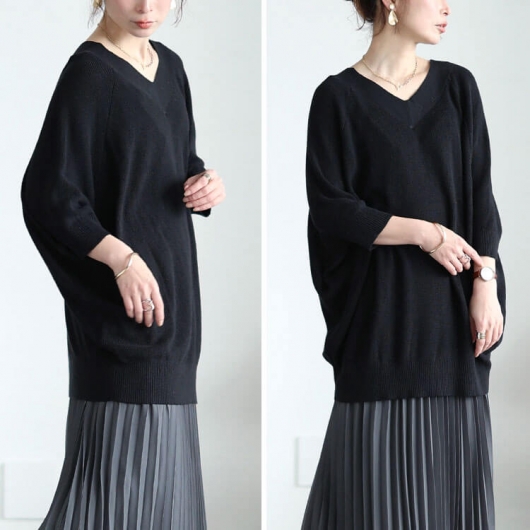 大きいサイズ レディース Vネック畦編みドルマンニット wn-0229